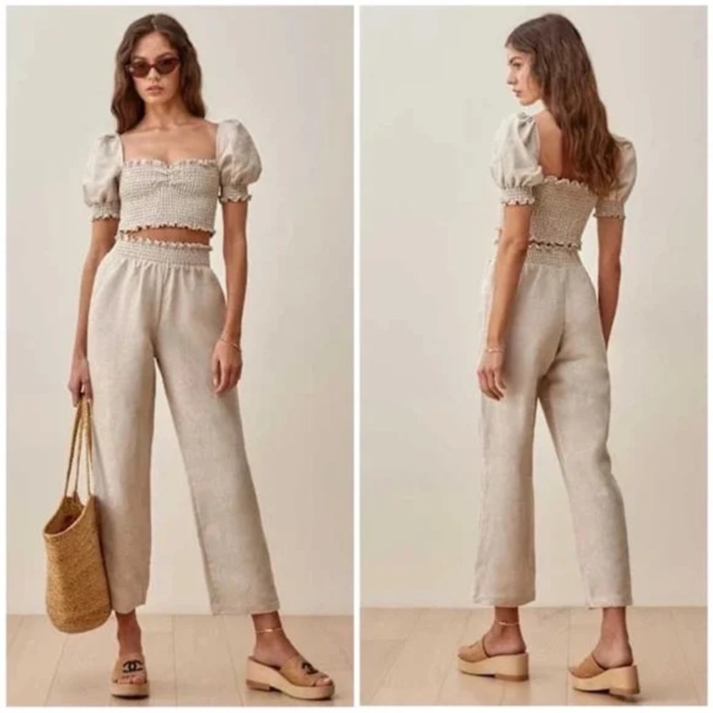 Reformation Beige Smocked Puff Sleeve Jumpsuit
